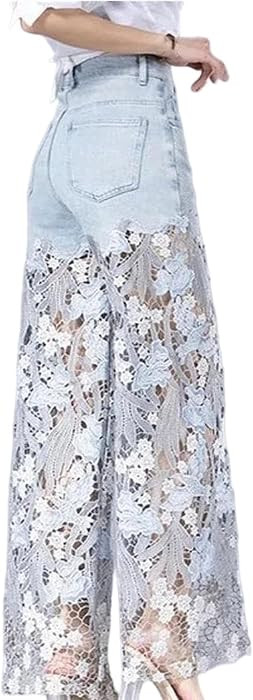 Women's Patchwork Applique Hollow Out Wide Leg Pants High Waist Loose Casual Jeans Trousers | Amazon (US)