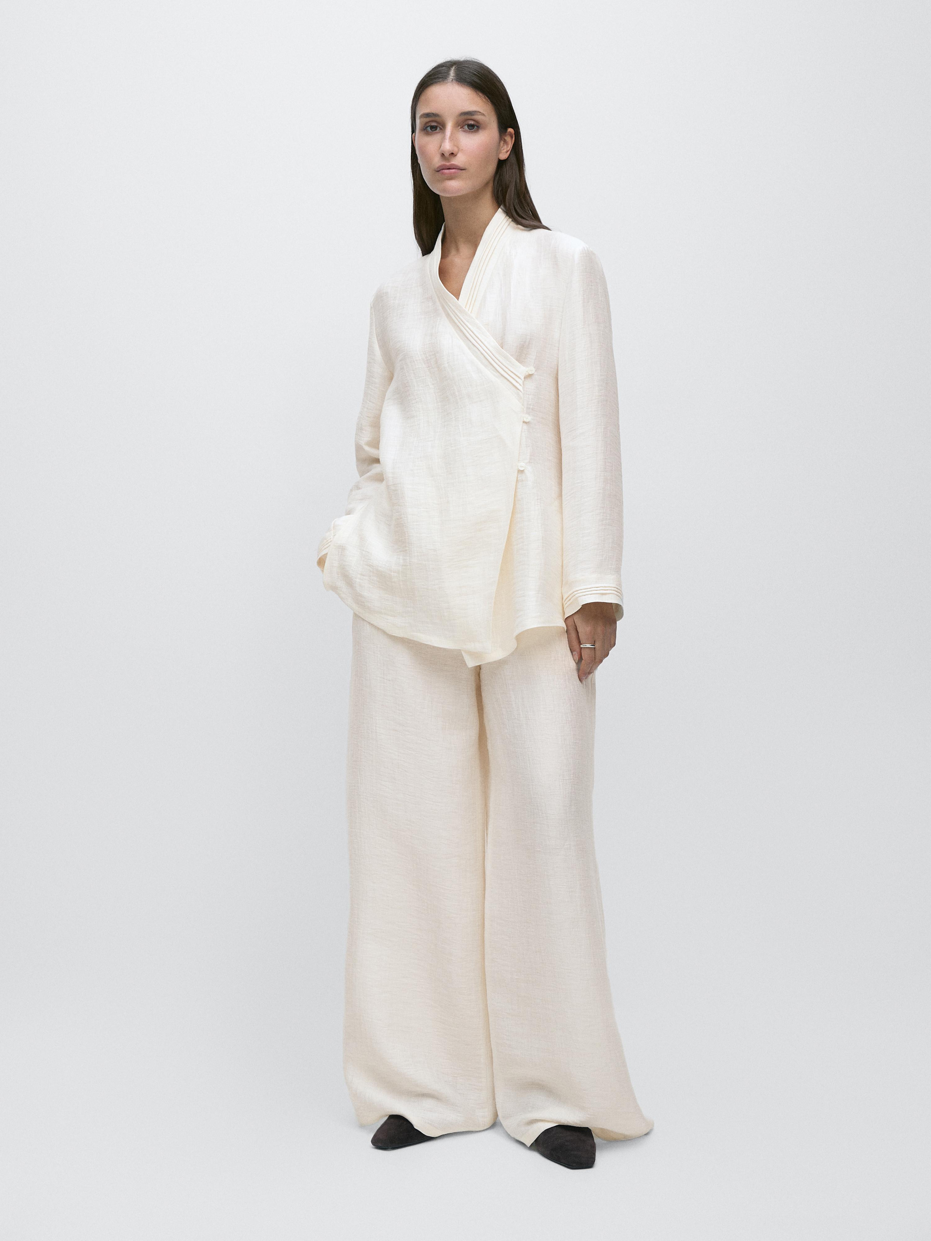 Linen blend kimono with lapel detail | Massimo Dutti UK