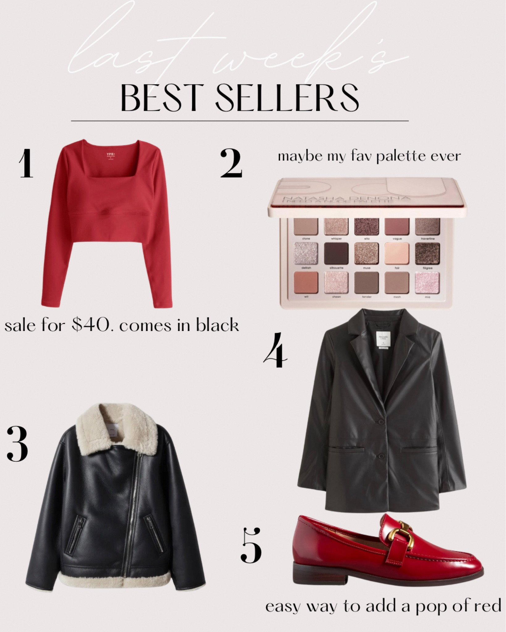 Last Week’s Best Sellers

1.       YPB Abercrombie top. Technically a workout top but I wear it all the time. Comes in black too. Since it’s a workout top, I wanted a loser fit and got a medium (it is still pretty snug). On sale for $40
2.       Natasha Denona I Need a Nude eyeshadow palette. Honestly probably my favorite palette ever. No castoff, and everything is pigmented.
3.       Mango faux leather, shearling lined bomber coat. Super warm. Comes in brown too
4.       Abercrombie faux leather oversized blazer. I wear this ALL. THE. TIME. It’s an oversized fit, but I still went with a small.
5.       Bibi Lou Zagreb Leather Loafers from Anthropolgie. Runs tts. The color red is trending and this is a really easy way to incorporate it into your wardrobe. 


#LTKsalealert #LTKHoliday #LTKGiftGuide