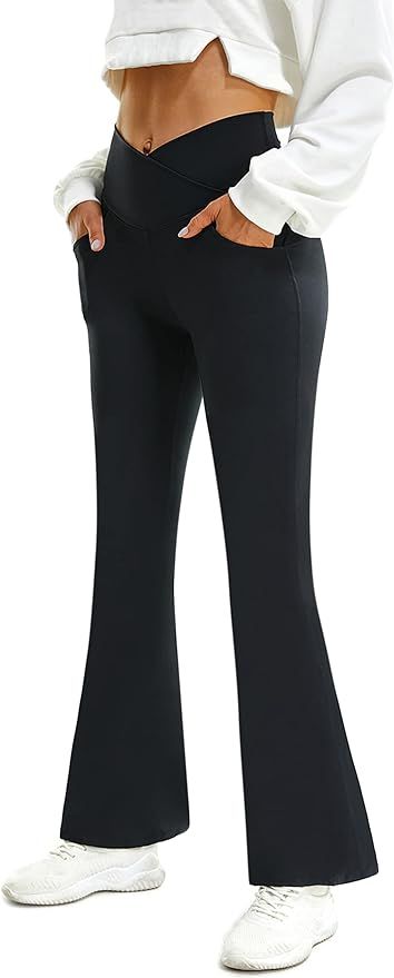 Amazon.com: FireSwan Womens Crossover Flare Leggings with Pockets Bootcut High Waisted Yoga Pants... | Amazon (US)