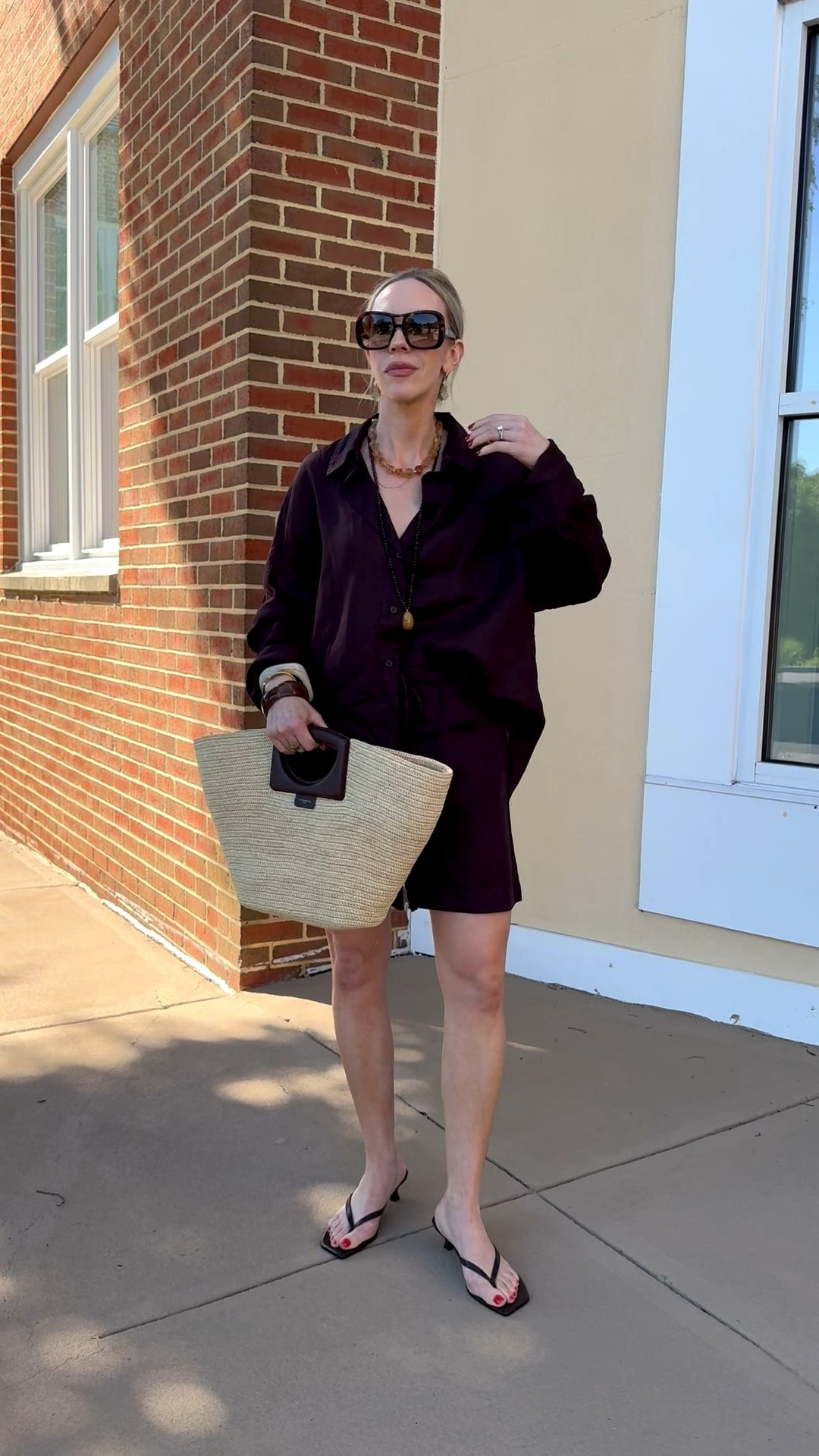 Dark brown linen set, straw tote bag, vacation outfit, beach style

#LTKSeasonal #LTKOver40 #LTKSaleAlert