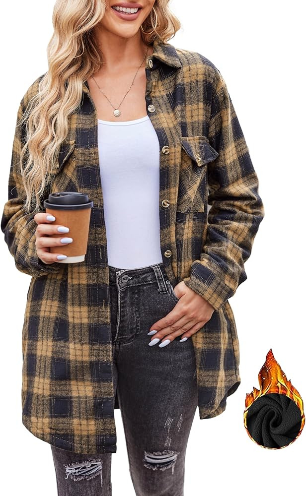 HOTOUCH Womens Fleece Lined Jackets Flannel Plaid Shirts Button Down Warm Shackets Long Sleeve Boyfr | Amazon (US)