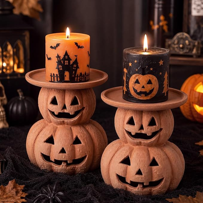 RattanView 2 Pcs Terracotta Halloween Pumpkin Decor Pumpkin Candle Holders | Amazon (US)