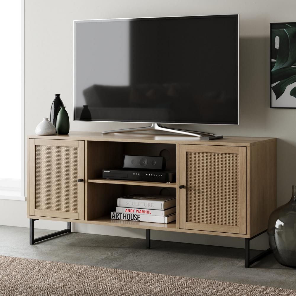 Nathan James Mina 47 in. Oak and Black Composite TV Stand Fits TVs Up to 55 in. with Storage Doors,  | The Home Depot