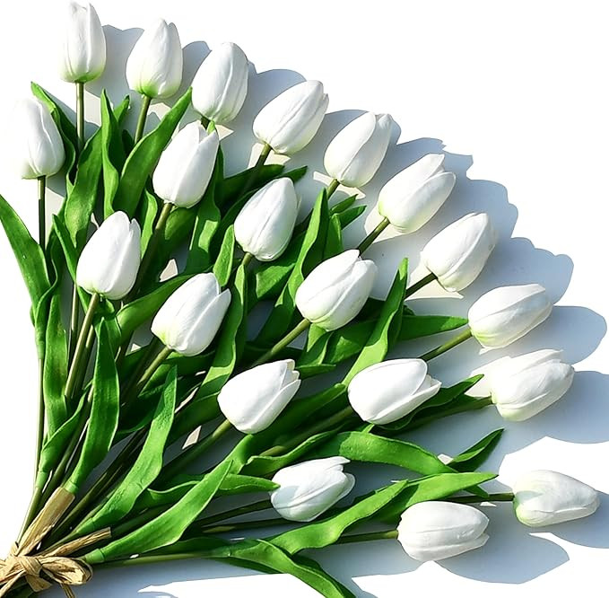 ONLY ART Artificial White Tulips 20 Pcs – 13.5 Inch PU Faux Flowers with Bendable Stems for Hom... | Amazon (US)