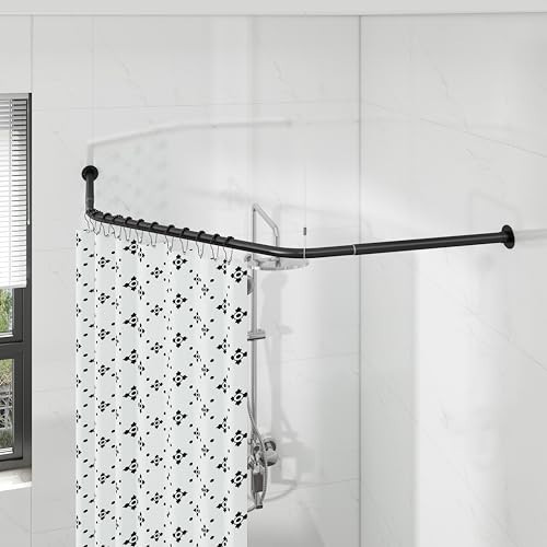Corner Shower Curtain Rod, Diamond Shaped Shower Pole, Curved Shower Curtain Rod for Bathroom, 304 Stainless with 12 Ring Hooks & Ceiling Support [Sides: 22"-34.8", Middle: 28"-43.7"] (Black) | Amazon (US)