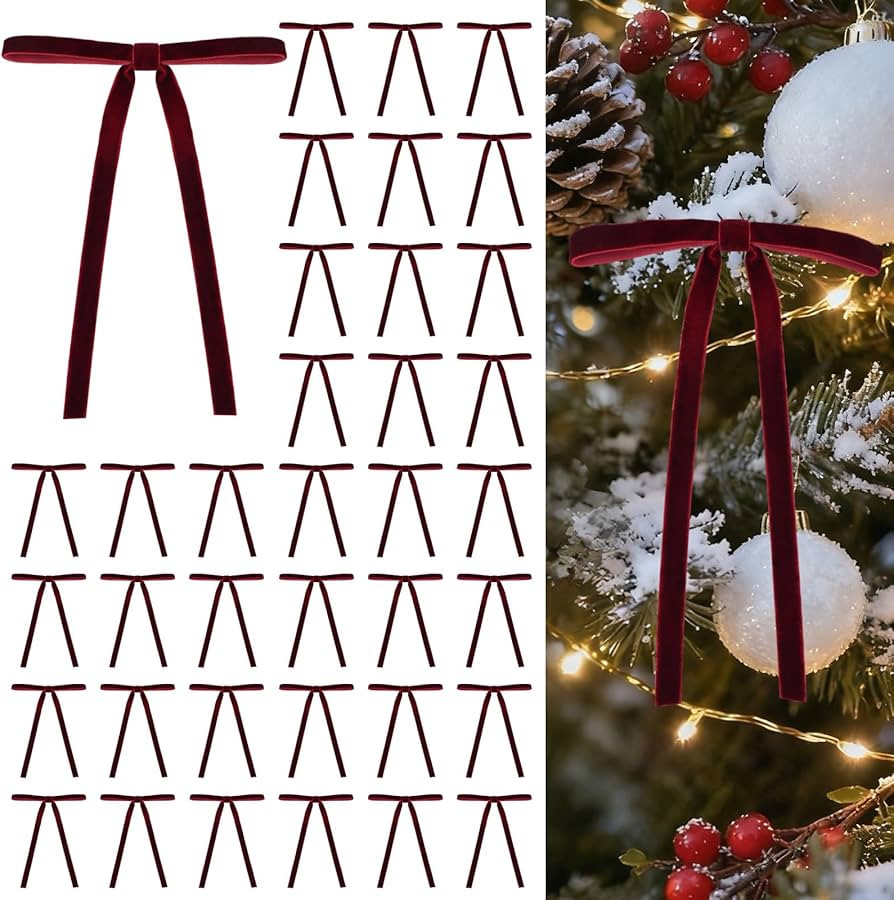 HEAEUNK 40 Pack Burgundy Bows for Christmas Tree, Burgundy Velvet Christmas Tree Bows, Xmas Velve... | Amazon (US)