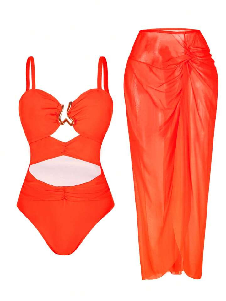 Swim Oasis Plus Size Women's 2pcs/Set Orange Metal Decor Fashionable Hollow Front One-Piece Swimsuit & Gradient Twist Flower High-End Sarong Skirt, For Summer Beach Vacation | SHEIN