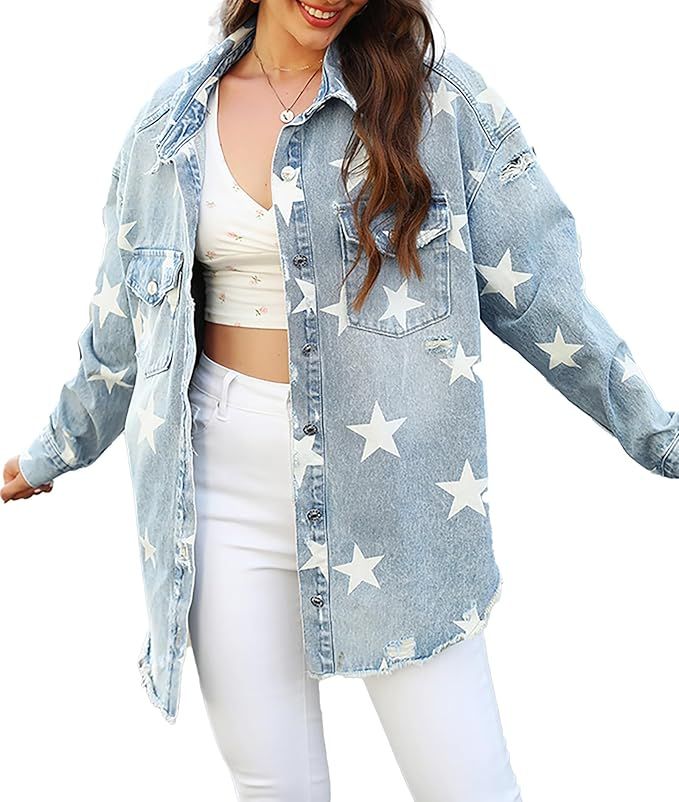 Jean Jackets for Women Trendy Distressed Lapel Button Down Long Sleeve Star Print Denim Jacket Sh... | Amazon (US)