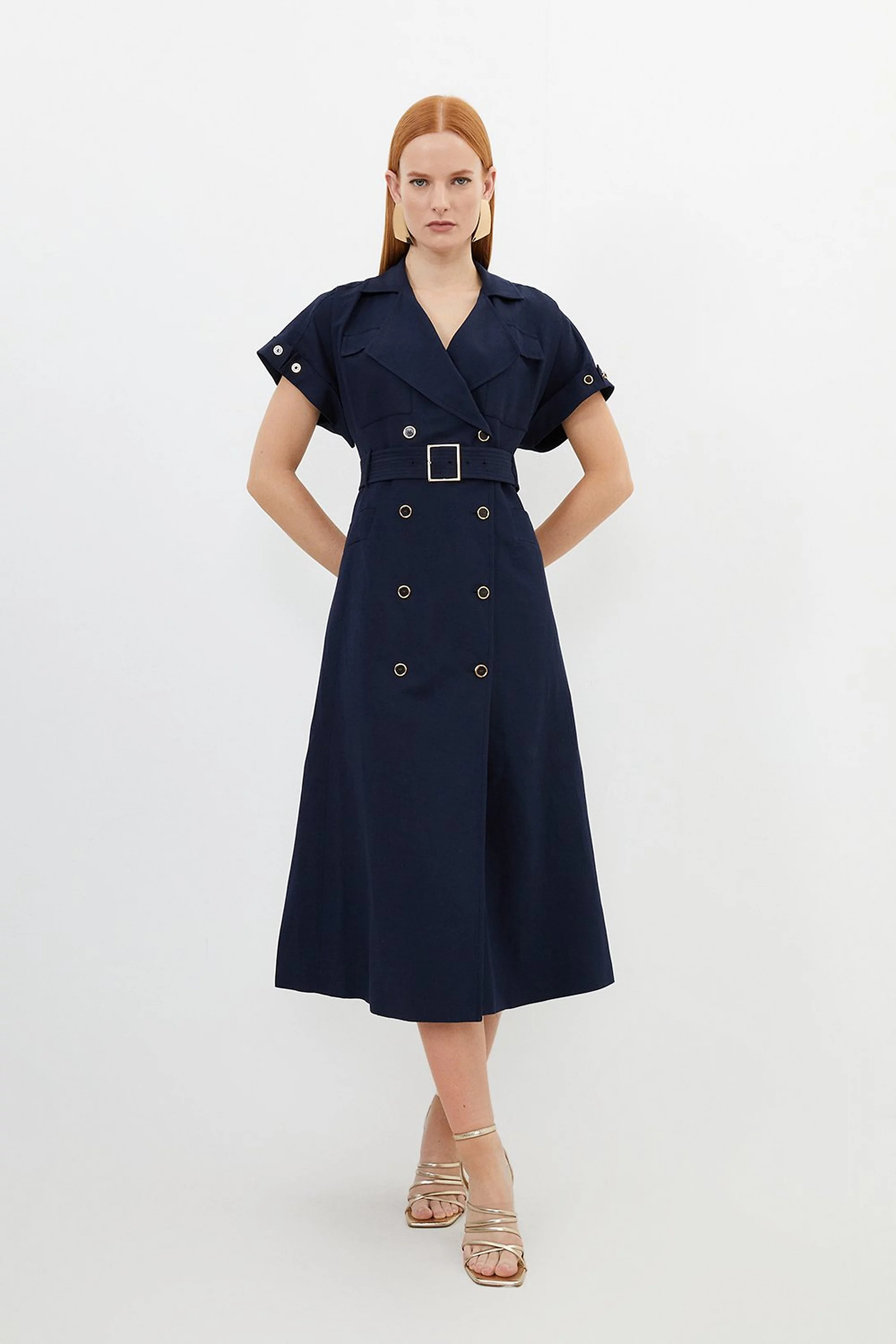 Linen Viscose Fluid Tailored Double Breasted Belted Midi Shirt Dress | Karen Millen US
