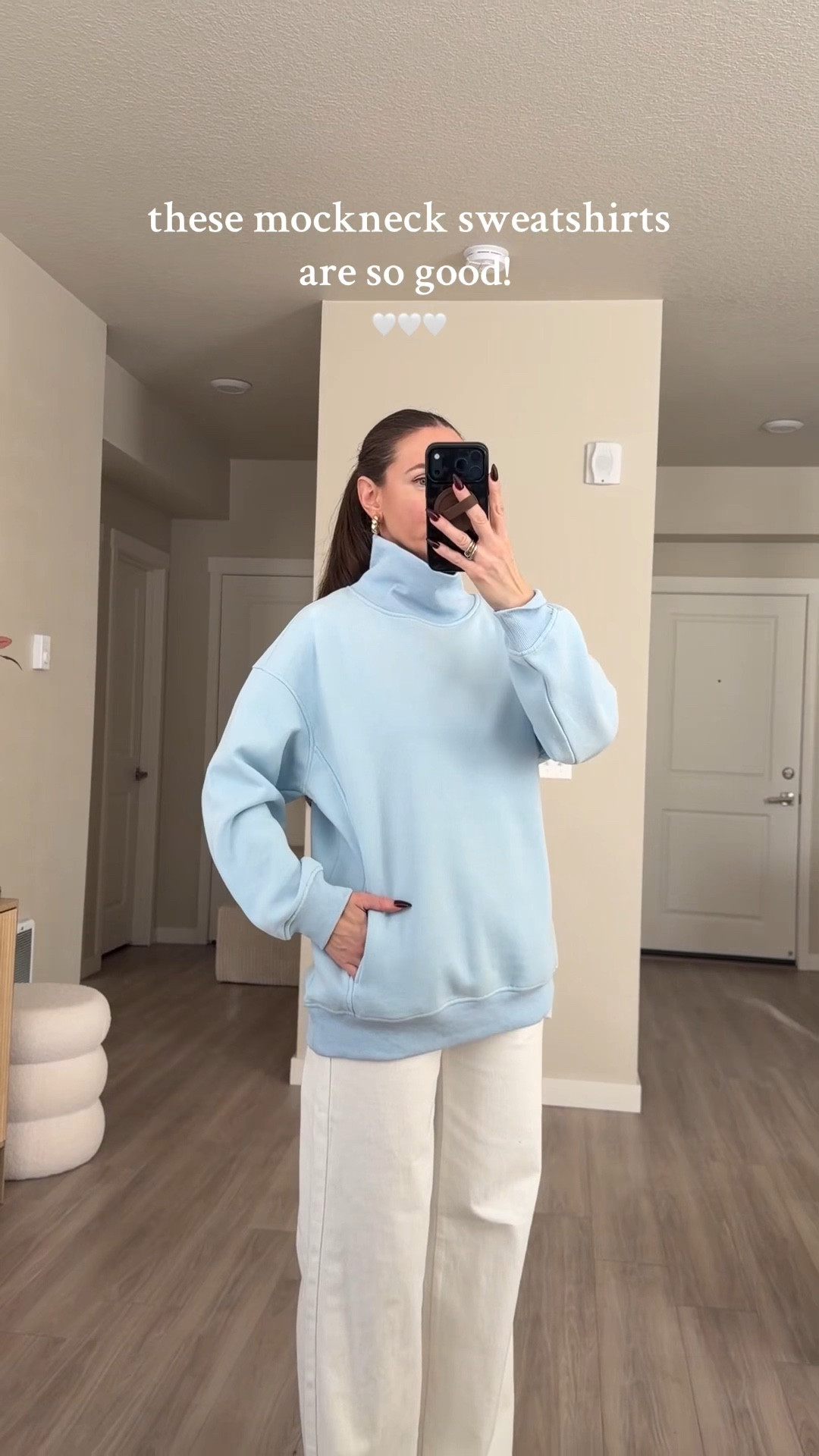 funnel neck sweater.  i'm 5'7 and wearing medium 

got it in four colors to try on .  many more colors available #funnelnecksweater #mocksweater #oversizedsweater