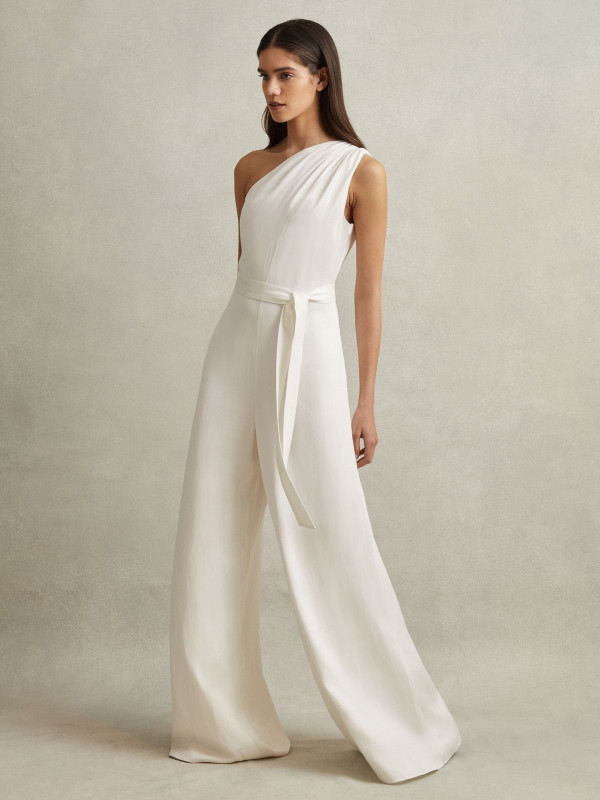 One-Shoulder Belted Jumpsuit in Ivory | Reiss UK