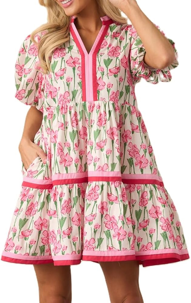 Lordree Women Boho Ruffle Sleeve Mini Dress Summer Trendy Floral Print Short Sleeve V Neck Cute B... | Amazon (US)