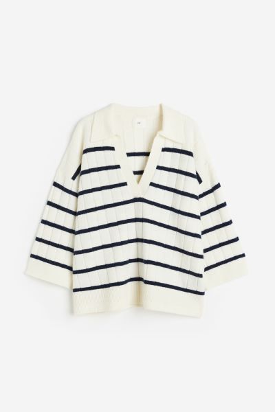 Rib-knit Sweater with Collar - Cream/striped - Ladies | H&M US | H&M (US + CA)