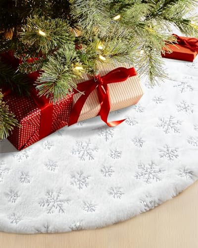 COOLWUFAN 36 Inches Christmas Tree Skirt for Xmas Tree Holiday Party Decorations White Plush Silver Sequin Snowflake (Silver) | Amazon (US)