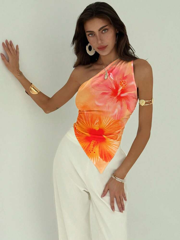 Aloruh Chemisier Élégant Et Minimaliste Pour Femmes Avec Volant Asymétrique À L'épaule, Imprimé Tie-Dye Fleur D'hibiscus. Top Fleuri Hawaïen Pour La Plage, Les Festivals De Musique Et Le Printemps | SHEIN
