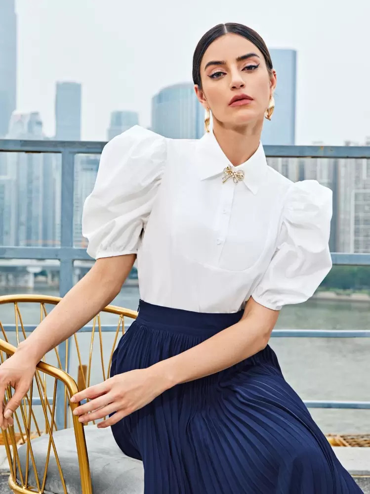 SHEIN Modely Puff Sleeve Half Button Bow Front Crop Top | SHEIN