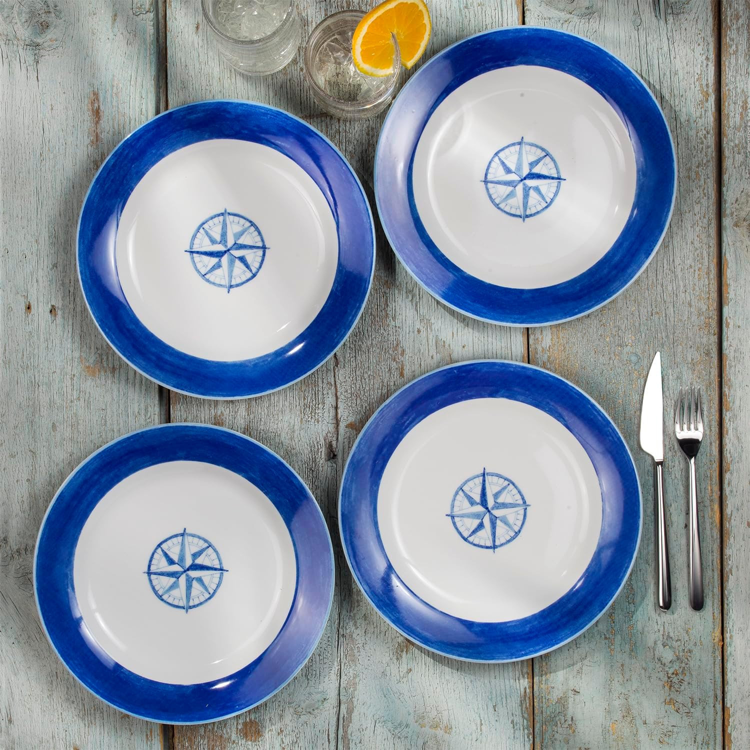 Euro Ceramica Ahoy Nautical Compass Dinner Plates, Blue and White, Set of 4 | Amazon (US)