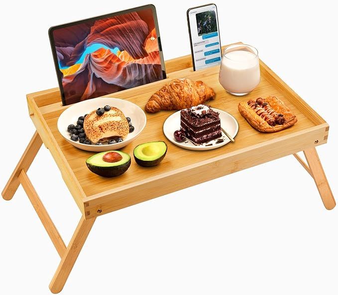 Bamboo Bed Tray Table, Large Breakfast - 21.7x14 Inch with Folding Legs, Multipurpose Serving Use... | Amazon (US)