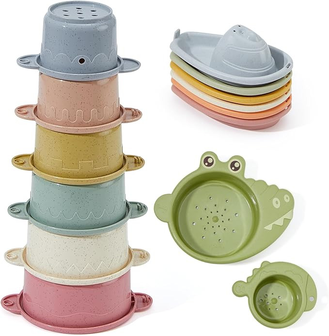 Bath Toys Floating Boats with Dinosaur Stacking Cups, 14 PCS Bathtub Mold Free Bath Toy for Babie... | Amazon (CA)