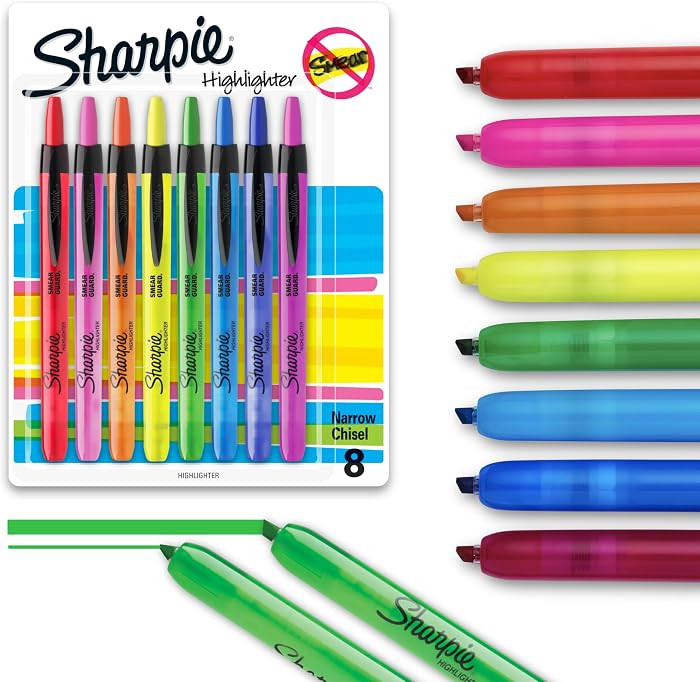 Sharpie Retractable Highlighters, Chisel Tip, Assorted Colors, Smear-Resistant, 8 Count - Teacher... | Amazon (US)