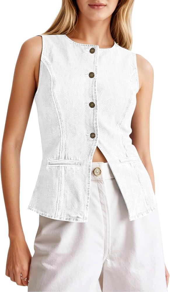 Tankaneo Womens Button Down Denim Vest Trendy Fitted Sleeveless Jean Tank Tops Crew Neck Waistcoa... | Amazon (US)