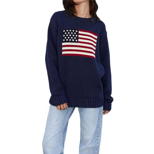 American Flag Sweater Women Loose Vintage USA Pullover Sweatshirt Preppy Long Sleeve Crewneck Knitwear Jumper (Navy Blue e, M) | Amazon (US)
