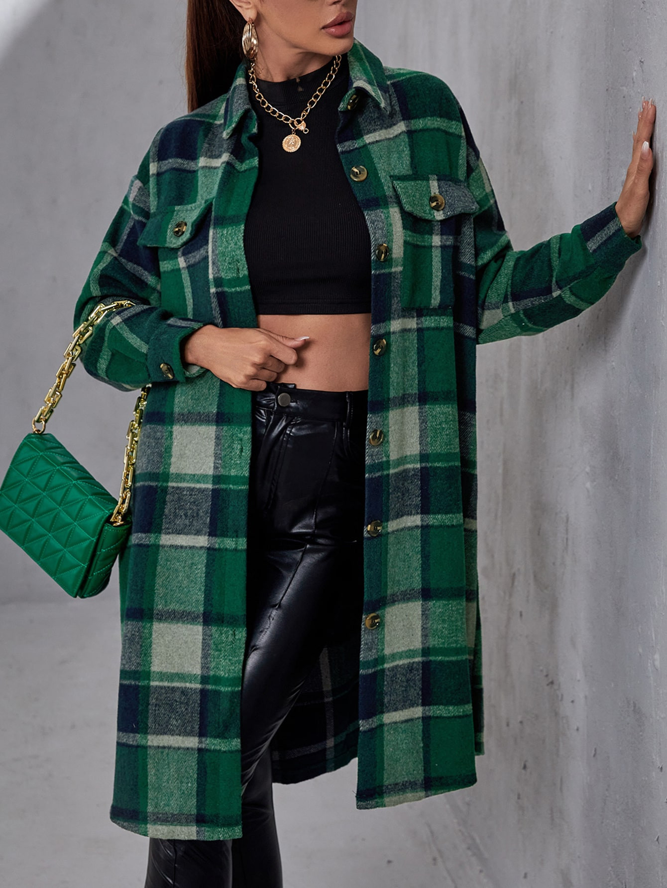 SHEIN LUNE Plaid Flap Pocket Drop Shoulder Coat | SHEIN