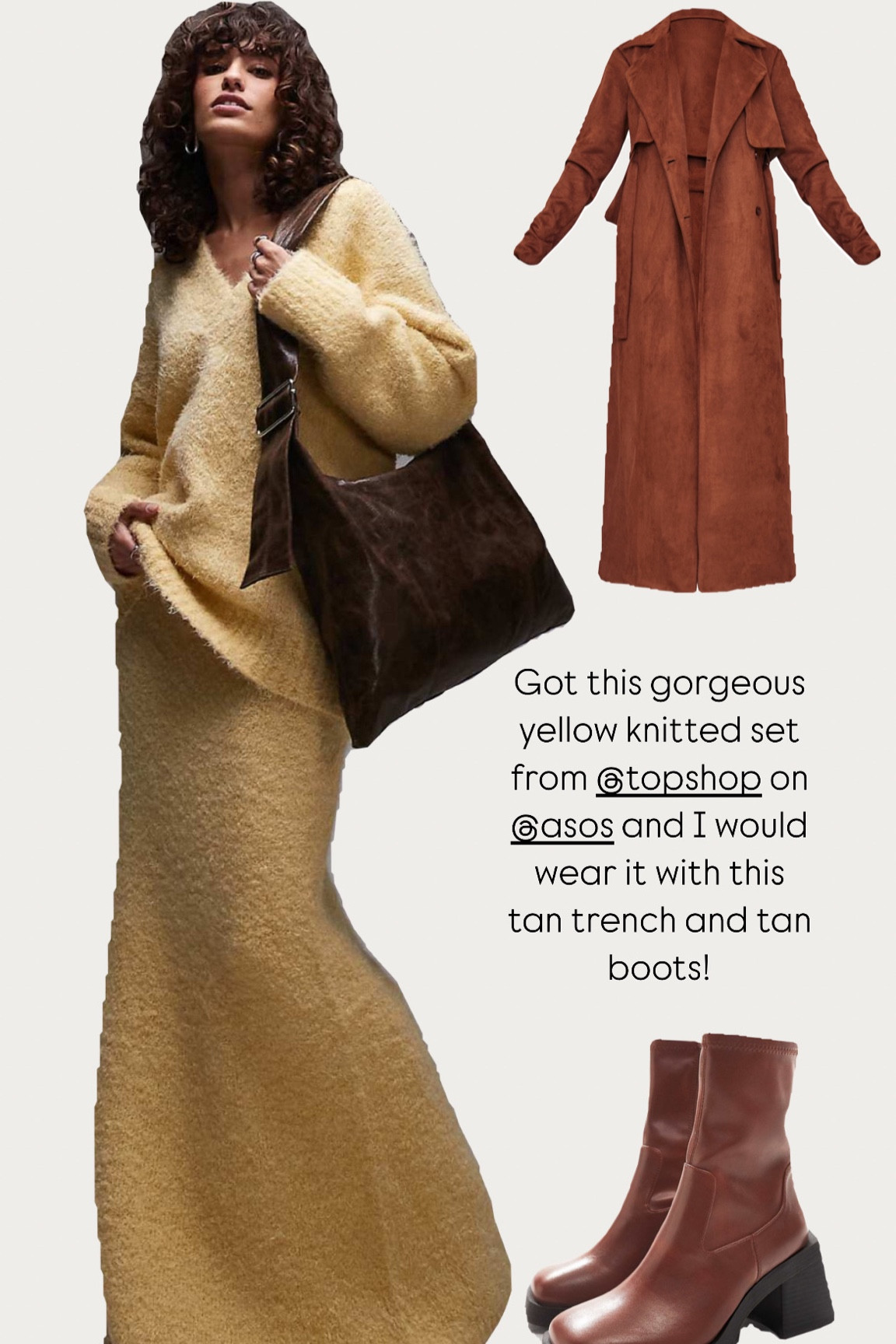 Autumn style. Yellow knitted set. Tan suede trench. Tan boots. Pop of colour. Comfy outfit. Midsize style. Curve outfit. Bloat friendly. Topshop. ASOS. PLT. Curve fashion. Transitional style. 

#LTKautumn #LTKuk #LTKcurves