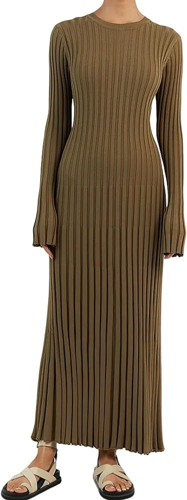 synound Women Ribbed Knit Long Dress Crew Neck Long Sleeve Ruched Pleated Maxi Sweater Dress Form... | Amazon (US)