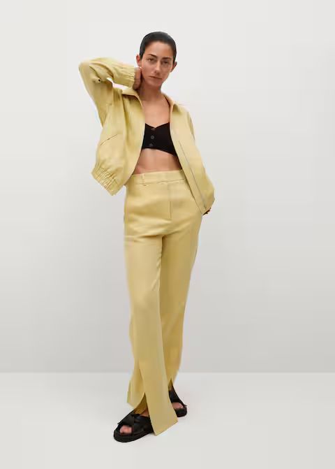 Side slit linen-blend trousers | MANGO (US)