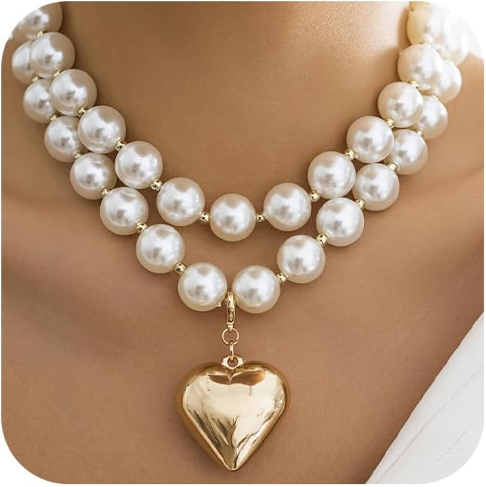 Statement Big Pearl Gold Heart Necklace for Women Trendy, Layered Cute Beaded Chunky Pearls Silve... | Amazon (US)