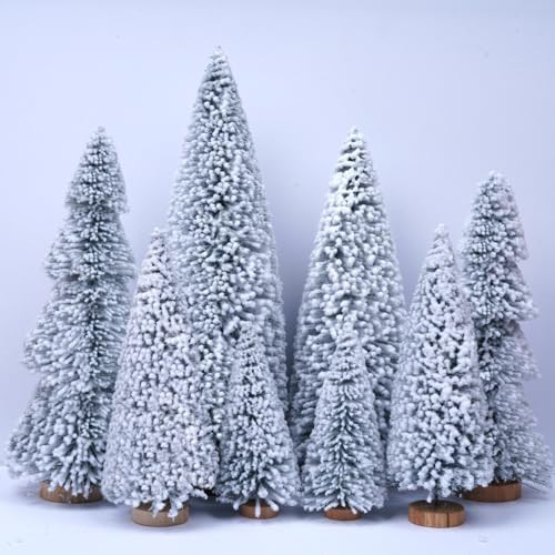 AerWo 8Pcs Mini Christmas Trees Flocked Bottle Brush Christmas Trees 4''-10'' with Wooden Bases, Small Xmas Tree for Tabletop Xmas Decor Village Crafts Winter Holiday Table Decorations | Amazon (US)