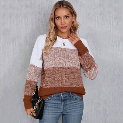 Patchwork Color Block Drop Shoulder Oversized Women Sweater, Autumn/Winter | SHEIN