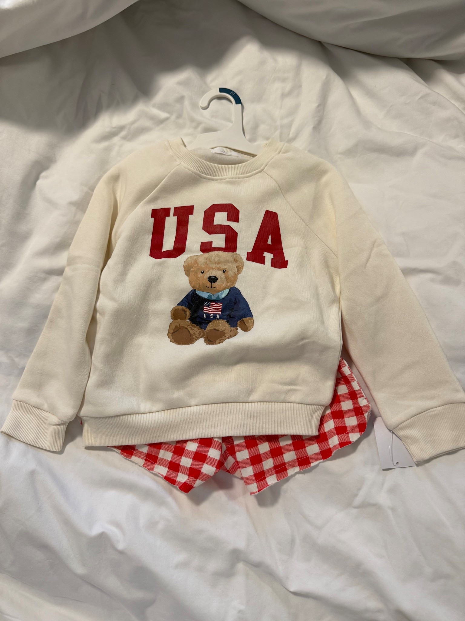 Ralph Lauren who? Target kids white USA teddy bear crewneck set with gingham red shorts only $16 for the set. Toddler sizes available as well. Soft and cozy 

It was in the gender neutral section so I got it for my son in size 5T for an oversized fit. 

#LTKBaby #LTKFamily #LTKKids