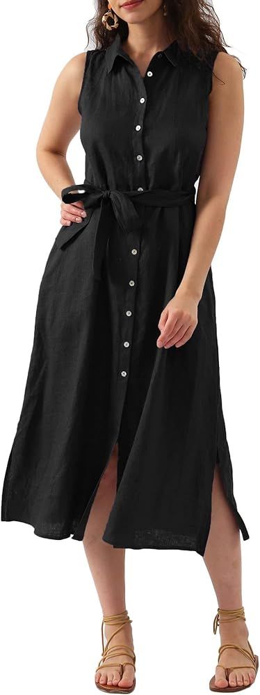 Amazhiyu Womens Pure Linen Summer Button Down Midi Dresses with Pockets and Belt | Amazon (US)