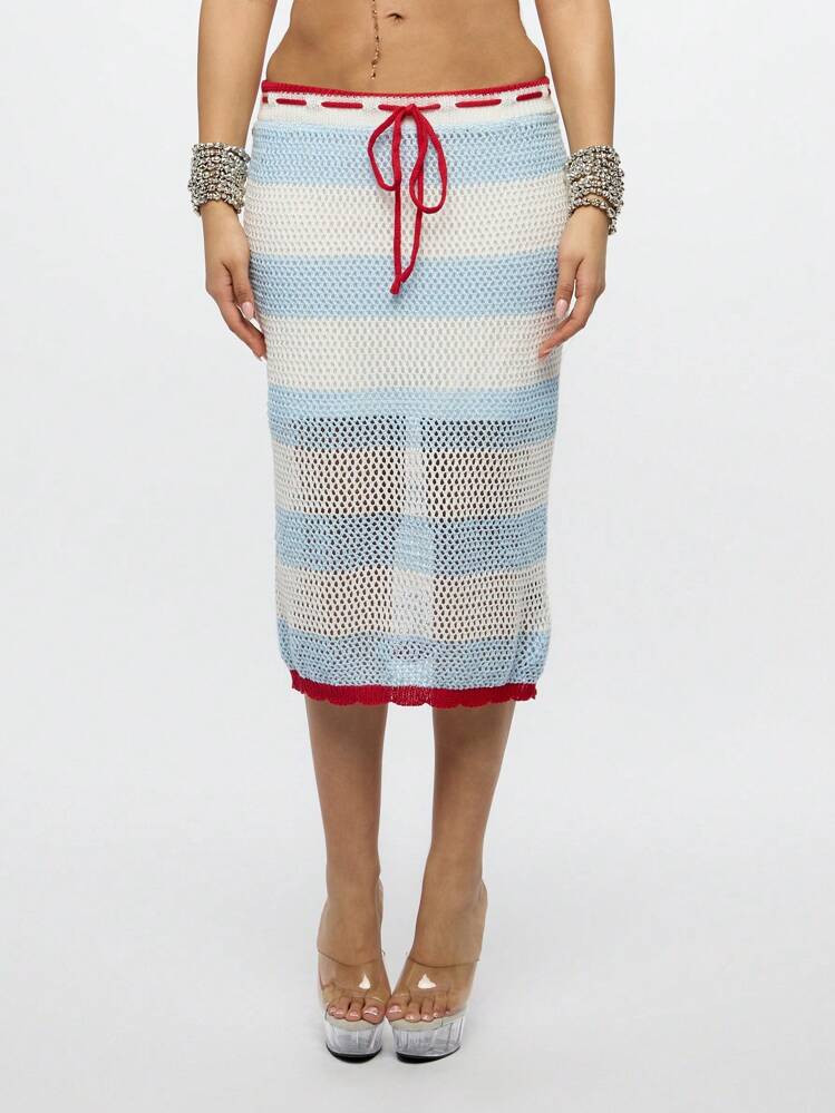 SUMWON WOMEN Crochet Knit Beach Cover Up Midi Skirt With Red Trim Detail, Summer Swimsuit Wrap Around Resort Wear Vacation Pool Lounge Boho Style Striped See-Through | SHEIN