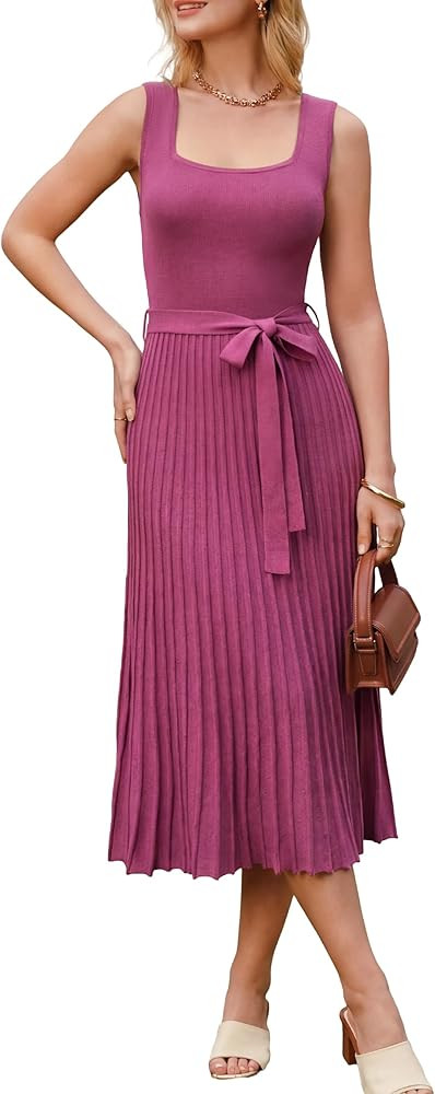 Arach&Cloz Women's Wool Blend Square Neck Tie Waist Pleated Summer Sweater Dress 2026 | Amazon (US)