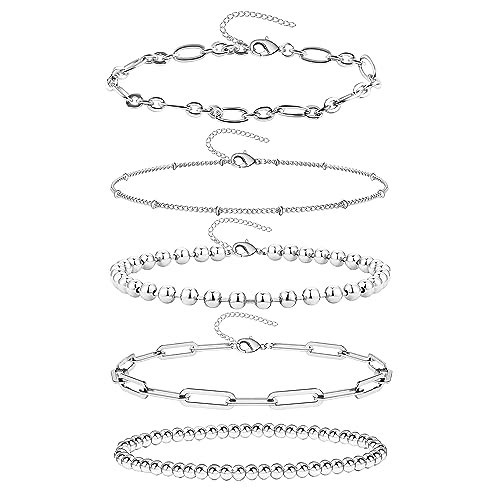 Silver Bracelets for Women, Dainty Silver Paperclip Link Bead Bracelet Set Stackable Layered Bracelets Metal Fashion Jewelry (5 Pcs) | Amazon (US)