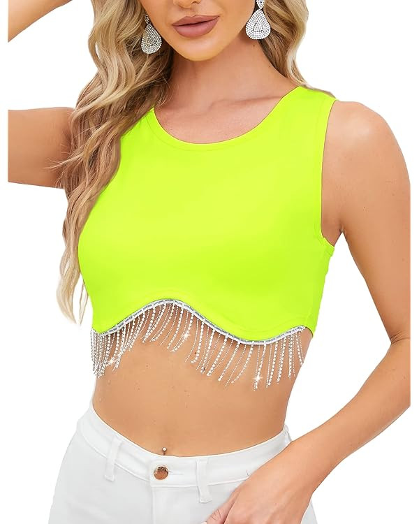 CYCLAMEN 2023 Sparkly Rhinestone Fringe Crop Tank Top Nashville Glitter Tassel Short Sleeves One ... | Amazon (US)