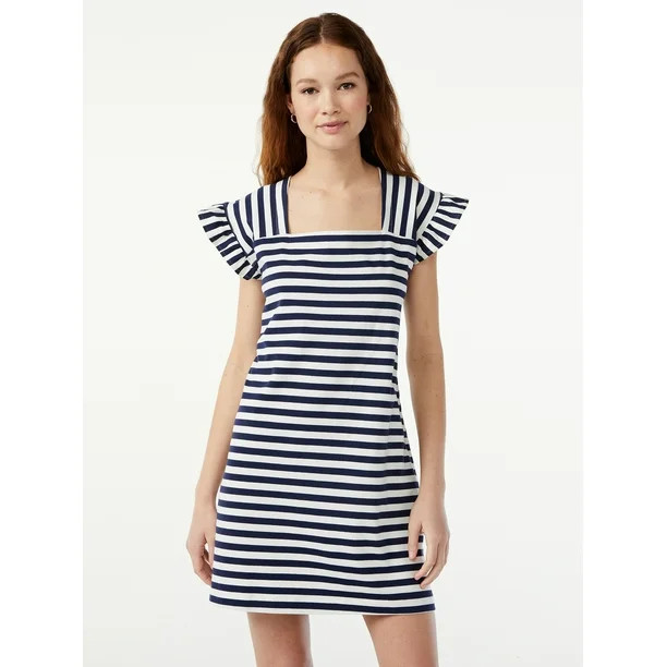 Free Assembly Women's Square Neck Mini Dress with Ruffle Sleeves - Walmart.com | Walmart (US)