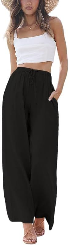 Linen High Waisted Wide Leg Palazzo Pants for Women Casual Summer Drawstring Trousers Flowy Beach... | Amazon (US)