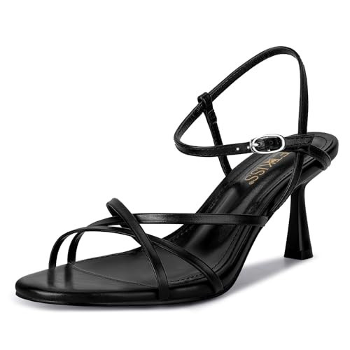 wetkiss Black Heels Women - Strappy Low Kitten Heels Comfortable Sandals Round Open Toe for Going Out Dressy Adjustable Ankle Strap, Black, Size 8 | Amazon (US)