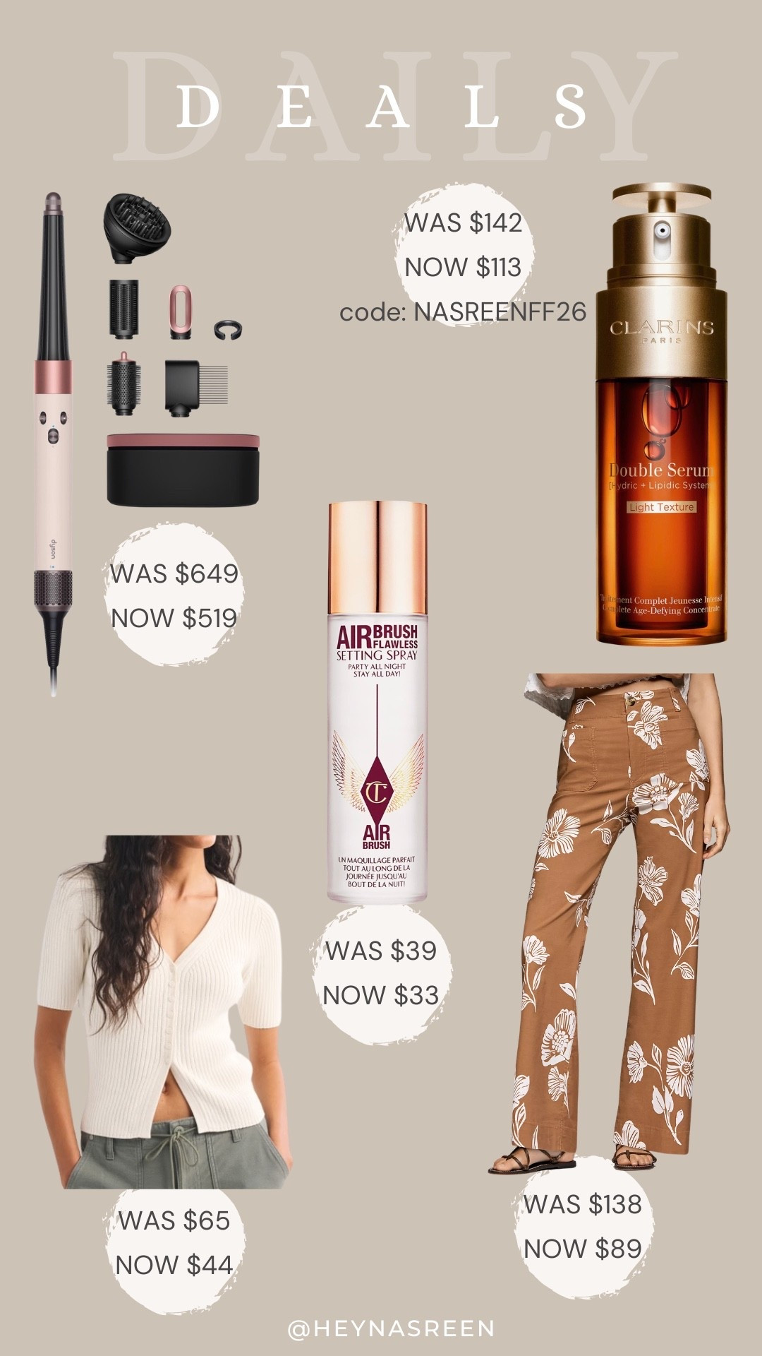 Daily deals on Dyson Airwrap, Clarins double serum light texture, Anthropologie pants, Charlotte Tilbury setting spray, Abercrombie cardigan