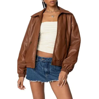 EDIKTED Halley Faux Leather Bomber in Brown at Nordstrom, Size X-Small | Nordstrom