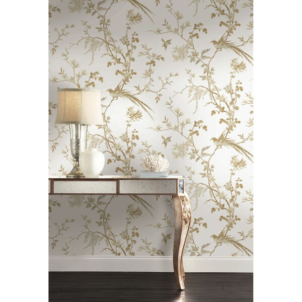 Ronald Redding 24 Karat White and Gold Bird And Blossom Chinoserie Wallpaper | Bellacor