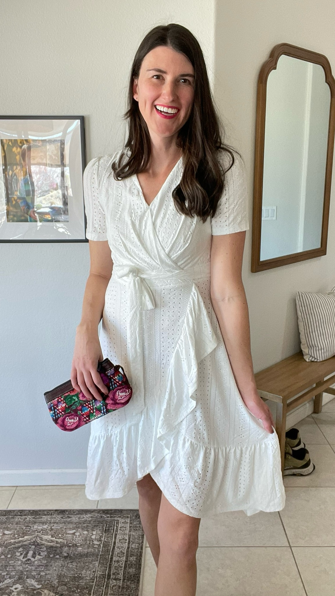 Classic white eyelet dress. V neck and a-line waist. Ruffles down the front. So flattering and delicate!!

#LTKParties #LTKFindsUnder50 #LTKOver40