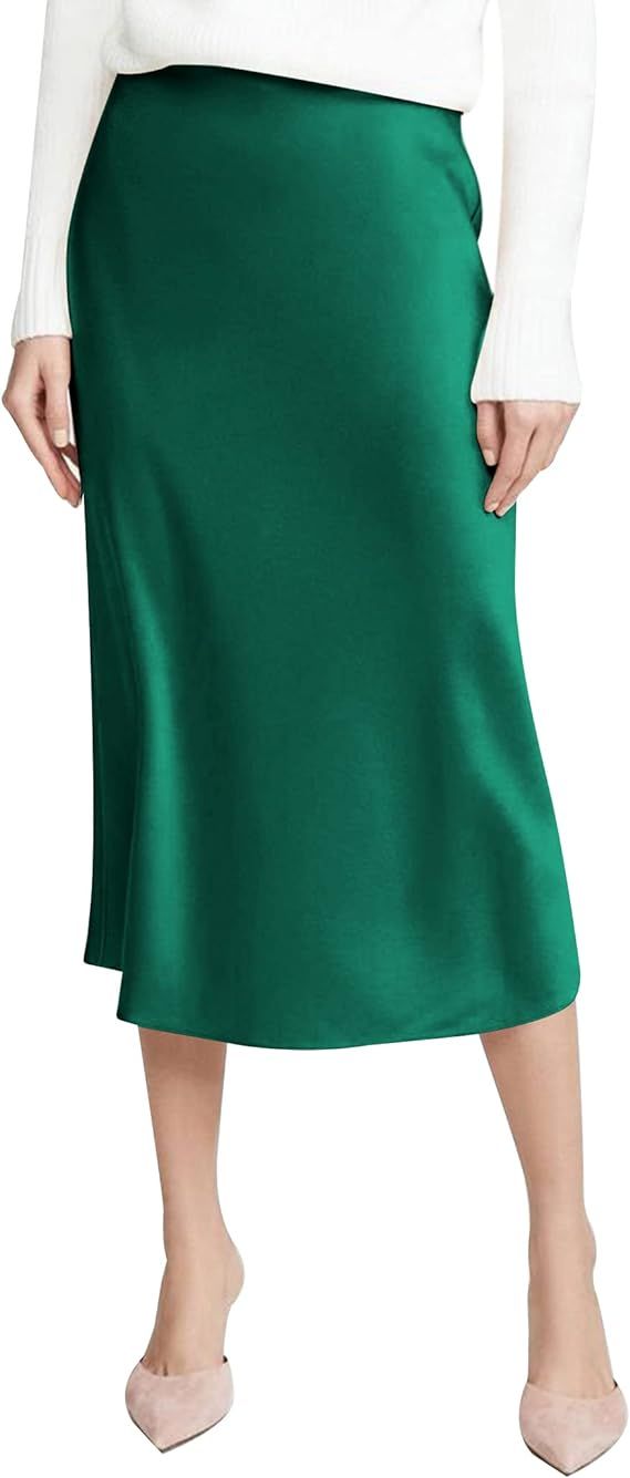 Hotouch Midi Skirts for Women High Waist Silk Stain Casual A Line Zipper Skirt,XS-XL | Amazon (US)