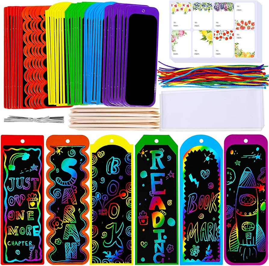 Winlyn 48 Sets 6 Styles Magic Color Scratch Bookmarks Craft Kits Rainbow Scratch Paper Art Sets f... | Amazon (US)