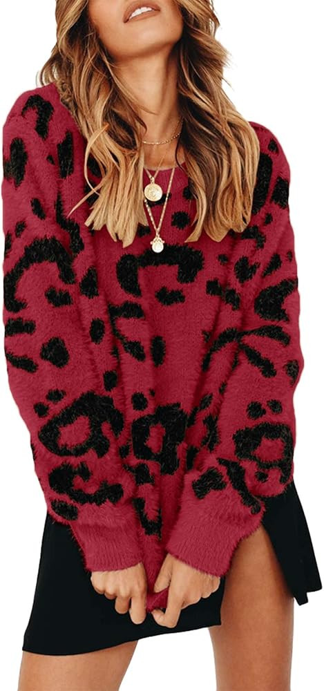 Saodimallsu Womens Leopard Crewneck Sweater Oversized Casual Loose Basic Sherpa Pullover Knit Jum... | Amazon (US)